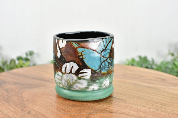 Handmade Pottery Tumbler Cup, Hummingbird Abstract Floral Ceramic Stoneware Hand Painted Copper, Turquoise Blue, Patina Green Christmas Gift for Her