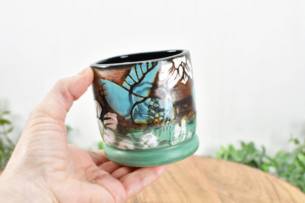 Handmade Pottery Tumbler Cup, Hummingbird Abstract Floral Ceramic Stoneware Hand Painted Copper, Turquoise Blue, Patina Green Christmas Gift for Her