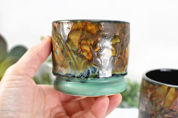 Monarch Butterfly Handmade Pottery Tumbler Cup, Small Abstract Floral Ceramic Stoneware Hand Painted in Copper, Patina Green, Cream, Microwave Safe
