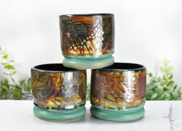 Monarch Butterfly Handmade Pottery Tumbler Cup, Small Abstract Floral Ceramic Stoneware Hand Painted in Copper, Patina Green, Cream, Microwave Safe