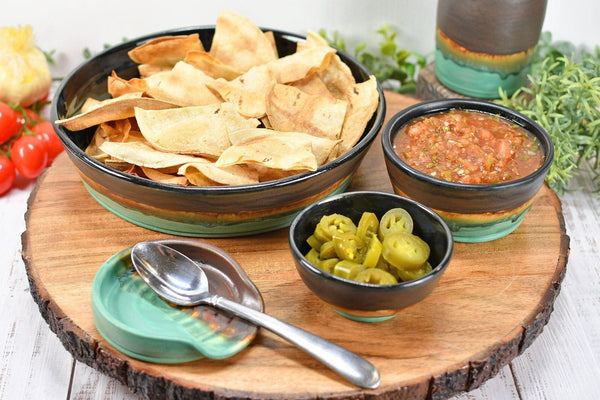 Chip and Dip Ceramic Bowl Set, Handmade Bronze Copper and Turquoise Satin Patina Green Detached Snack Stoneware Pottery Party Serving Dishes