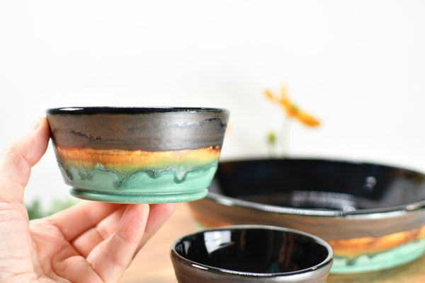 Chip and Dip Ceramic Bowl Set, Handmade Bronze Copper and Turquoise Satin Patina Green Detached Snack Stoneware Pottery Party Serving Dishes