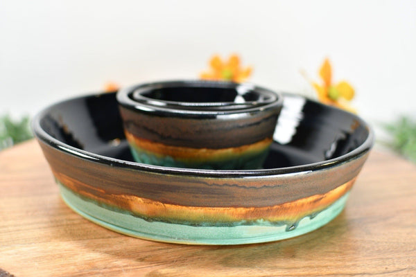 Chip and Dip Ceramic Bowl Set, Handmade Bronze Copper and Turquoise Satin Patina Green Detached Snack Stoneware Pottery Party Serving Dishes