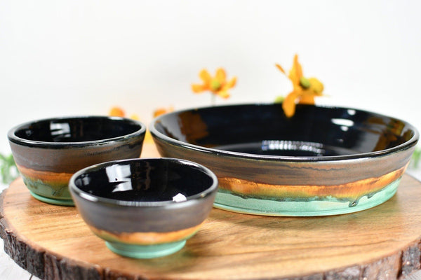 Chip and Dip Ceramic Bowl Set, Handmade Bronze Copper and Turquoise Satin Patina Green Detached Snack Stoneware Pottery Party Serving Dishes