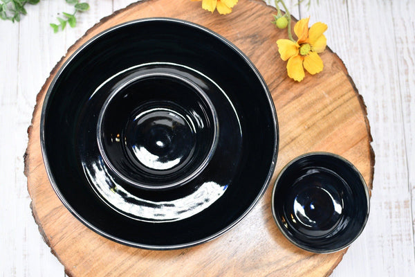 Chip and Dip Ceramic Bowl Set, Handmade Bronze Copper and Turquoise Satin Patina Green Detached Snack Stoneware Pottery Party Serving Dishes