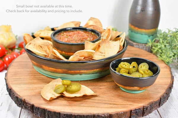 Chip and Dip Ceramic Bowl Set, Handmade Bronze Copper and Turquoise Satin Patina Green Detached Snack Stoneware Pottery Party Serving Dishes