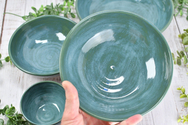 Nested Ceramic Bowl Set, Handmade Beachy Copper and Turquoise Stoneware Pottery Party Serving Dishes for Housewarming Wedding and Birthday