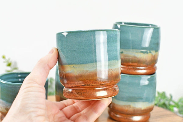 Whiskey Bourbon Tumblers, Handmade Ceramic Pottery Scotch or Wine Barware Birthday, Anniversary or Wedding Gift in Copper, Beachy Blue