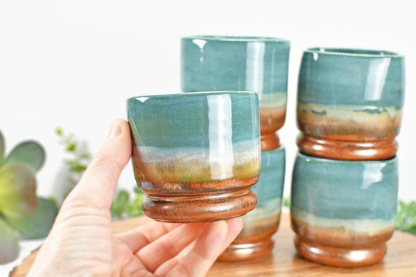 Whiskey Bourbon Tumblers, Handmade Ceramic Pottery Scotch or Wine Barware Birthday, Anniversary or Wedding Gift in Copper, Beachy Blue