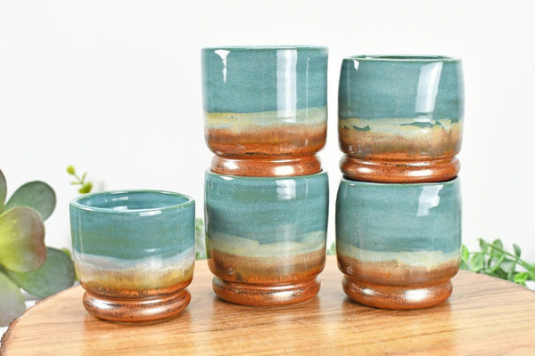 Whiskey Bourbon Tumblers, Handmade Ceramic Pottery Scotch or Wine Barware Birthday, Anniversary or Wedding Gift in Copper, Beachy Blue