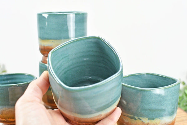 Whiskey Bourbon Tumblers, Handmade Ceramic Pottery Scotch or Wine Barware Birthday, Anniversary or Wedding Gift in Copper, Beachy Blue