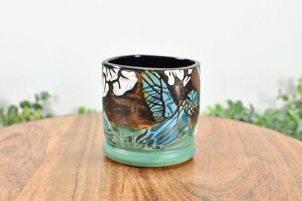 Handmade Pottery Tumbler Cup, Hummingbird Abstract Floral Ceramic Stoneware Hand Painted Copper, Turquoise Blue, Patina Green Christmas Gift for Her
