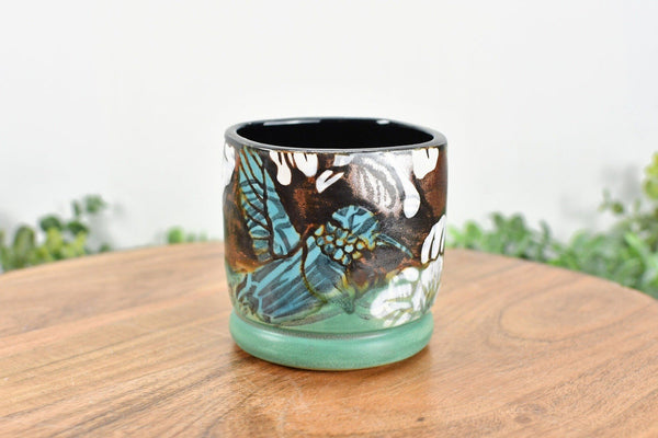 Handmade Pottery Tumbler Cup, Hummingbird Abstract Floral Ceramic Stoneware Hand Painted Copper, Turquoise Blue, Patina Green Christmas Gift for Her