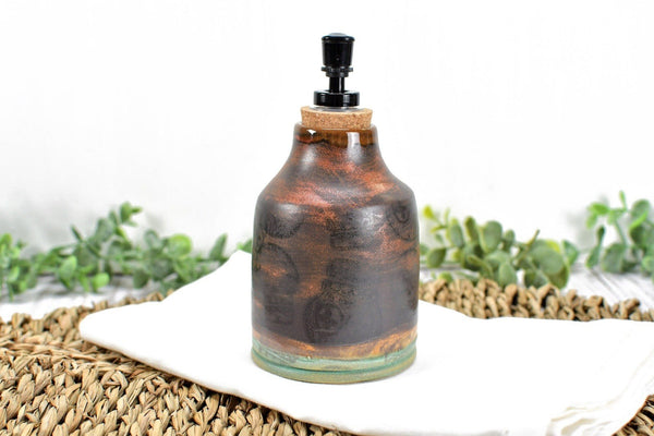 Handmade Ceramic Lotion / Soap Dispenser with Sugar Skulls, Stoneware Pottery in Copper Green Bronze Teal for Bathroom & Kitchen Home Decor