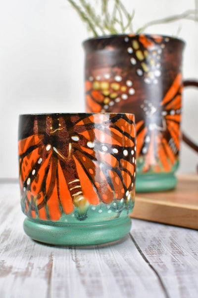 Monarch Butterfly Handmade Ceramic Coffee Mug, Copper Glazed Pottery Stoneware Large Cup - Green, White, Black, Orange - Unique Gift