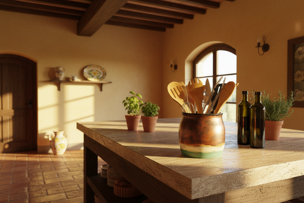 Ceramic Utensil Holder Crock for Kitchen Countertop, Copper Pottery Organizer in Turquoise Green and Cream, or Flower Pot Housewarming Gift