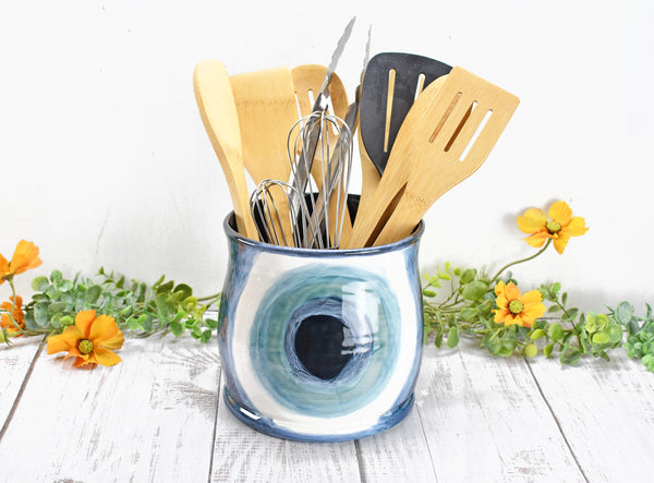 Large Ceramic Utensil Holder Crock with Hand Painted Evil Eye design. Pottery Seconds Sale with glaze flaws. Kitchen Counter Stoneware Organizer in Turkish Blue White Handmade filled with spoons and spatulas