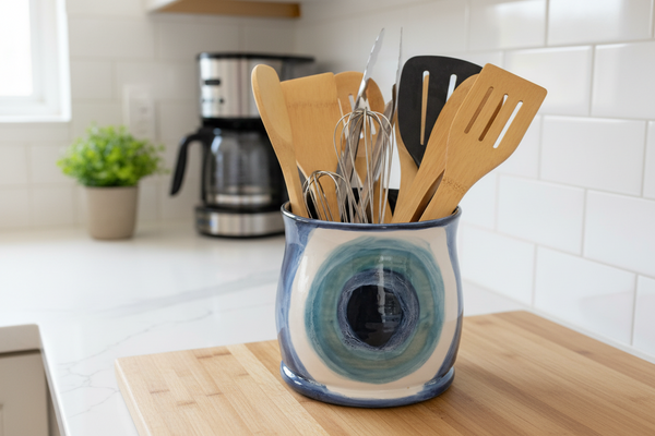 Ceramic Utensil Holder Crock Evil Eye, Pottery Seconds Sale, Kitchen Counter, Hand Painted Stoneware Organizer Turkish Blue White Handmade
