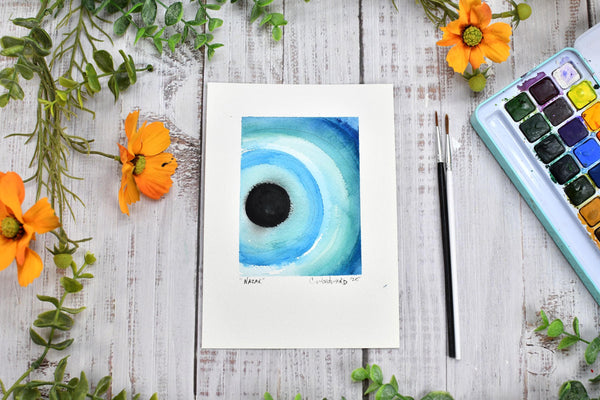 Watercolor Painting Original Evil Eye Wall Art, 5x7 on Paper Unframed, Blue White Home Decor, Not A Print, Italy Nazar Turkish Boho