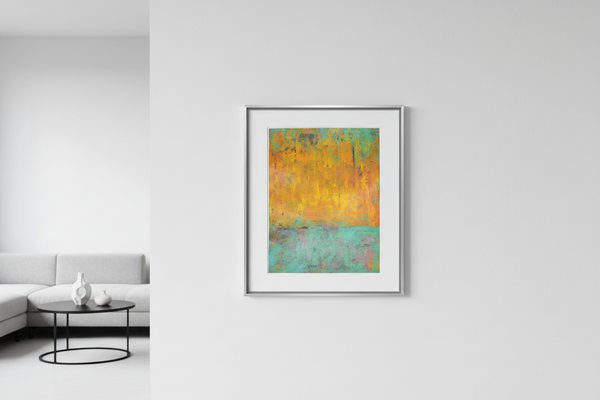 Abstract Painting, Original Mixed Media Yellow and Turquoise Wall Art on Paper