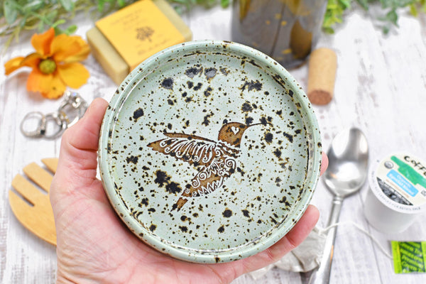 Hummingbird Ceramic Handmade Pottery, Medium Spoon Rest for Coffee Tea, Countertop, Robins Egg Gray Blue Speckled Wine Bottle Drip Dish