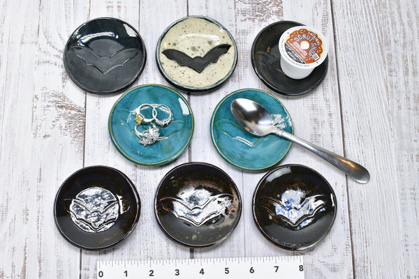 Bat Small Ceramic Coffee Spoon Rest, Handmade Stoneware Pottery Trinket Jewelry Dish, Halloween Black, White, Turquoise, Gray Home Decor