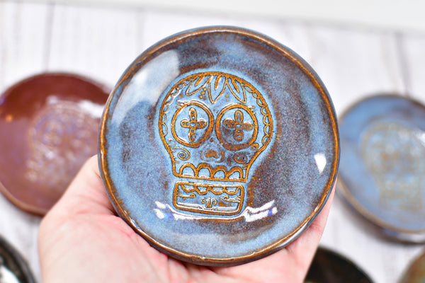 Sugar Skull Small Ceramic Coffee Spoon Rest, Handmade Stoneware Pottery, Blue, Black, Brown, Teal, Tea Bag Rest, Day of The Dead