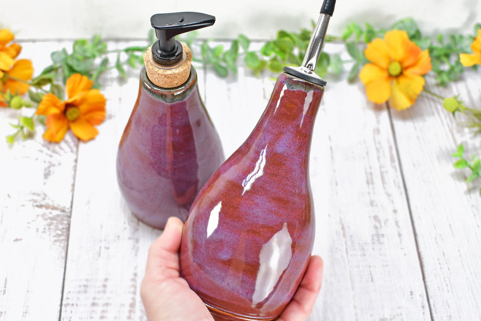 Handmade Ceramic Lotion / Soap / Olive Oil Cruet Dispenser Stoneware Pottery in Purple Lavender for Bathroom and Kitchen Decor