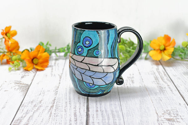 Dragonfly Ceramic Handmade Mug, Nature Lover Gift | Pottery Coffee Cup | Stoneware Hand Painted Art in Black, Blue, Teal & Green