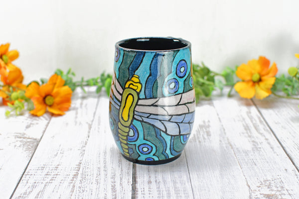 Dragonfly Ceramic Handmade Mug, Nature Lover Gift | Pottery Coffee Cup | Stoneware Hand Painted Art in Black, Blue, Teal & Green