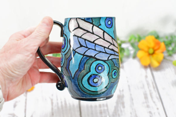 Dragonfly Ceramic Handmade Mug, Nature Lover Gift | Pottery Coffee Cup | Stoneware Hand Painted Art in Black, Blue, Teal & Green