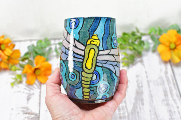 Dragonfly Ceramic Handmade Mug, Nature Lover Gift | Pottery Coffee Cup | Stoneware Hand Painted Art in Black, Blue, Teal & Green