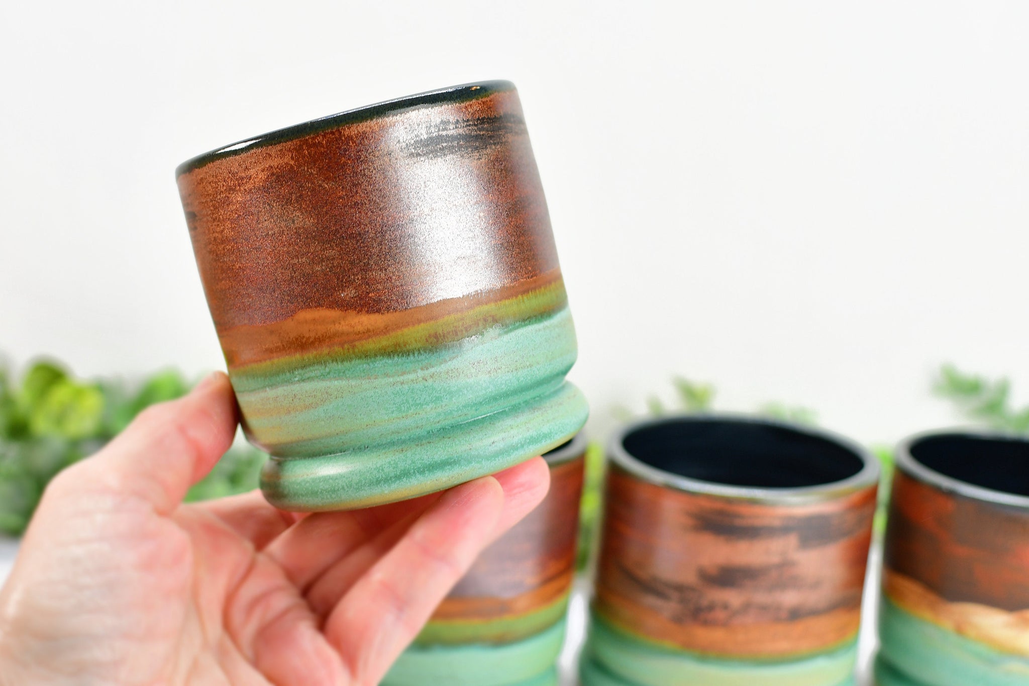 Copper Whiskey Bourbon Tumblers, Handmade Ceramic Pottery Scotch Barware Anniversary or Gift for Groomsman in Black, & Satin Patina Green