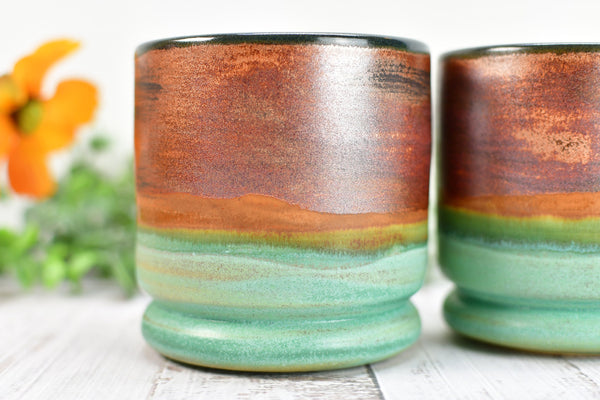 Copper Whiskey Bourbon Tumblers, Handmade Ceramic Pottery Scotch Barware Anniversary or Gift for Groomsman in Black, & Satin Patina Green