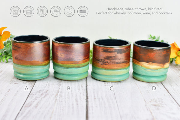 Copper Whiskey Bourbon Tumblers, Handmade Ceramic Pottery Scotch Barware Anniversary or Gift for Groomsman in Black, & Satin Patina Green