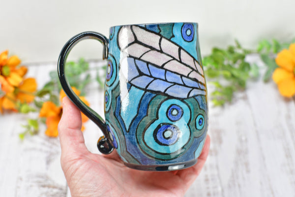 Dragonfly Ceramic Handmade Mug, Nature Lover Gift | Pottery Coffee Cup | Stoneware Hand Painted Art in Black, Blue, Teal & Green