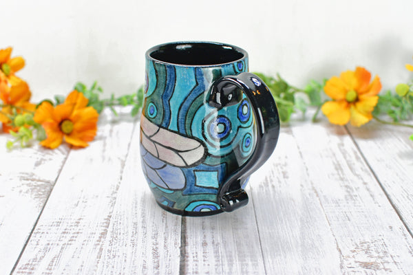 Dragonfly Ceramic Handmade Mug, Nature Lover Gift | Pottery Coffee Cup | Stoneware Hand Painted Art in Black, Blue, Teal & Green