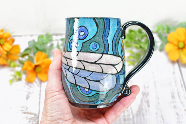 Dragonfly Ceramic Handmade Mug, Nature Lover Gift | Pottery Coffee Cup | Stoneware Hand Painted Art in Black, Blue, Teal & Green