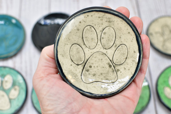 Paw Print Ceramic Small Coffee Spoon Rest, Jewelry Trinket Dish, Handmade Stoneware Pottery in Blue, Green, Teal, Brown, Black, Unique Gift