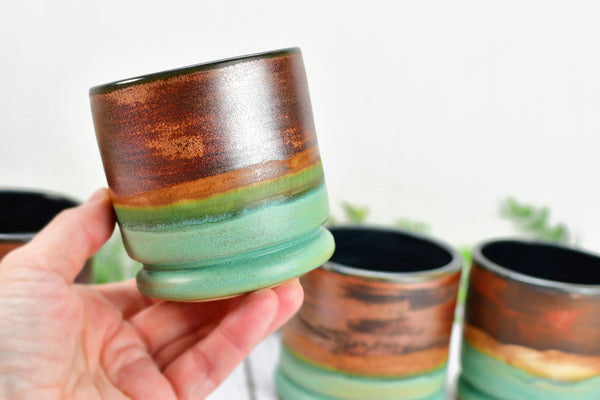 Copper Whiskey Bourbon Tumblers, Handmade Ceramic Pottery Scotch Barware Anniversary or Gift for Groomsman in Black, & Satin Patina Green