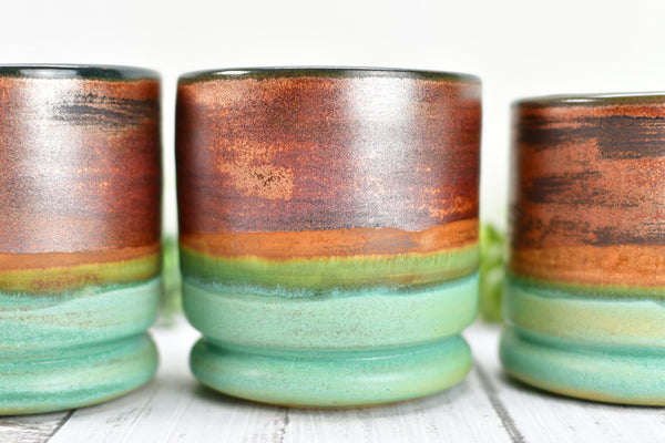 Copper Whiskey Bourbon Tumblers, Handmade Ceramic Pottery Scotch Barware Anniversary or Gift for Groomsman in Black, & Satin Patina Green