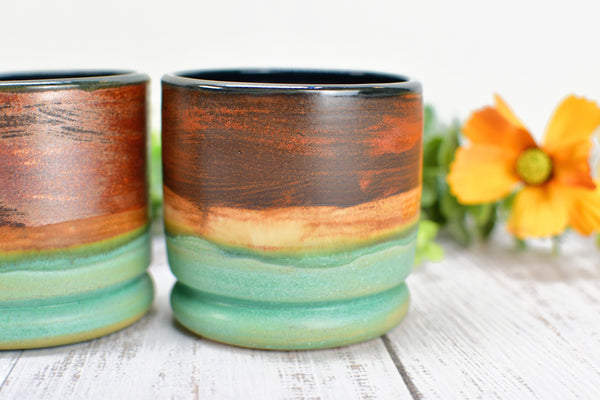 Copper Whiskey Bourbon Tumblers, Handmade Ceramic Pottery Scotch Barware Anniversary or Gift for Groomsman in Black, & Satin Patina Green