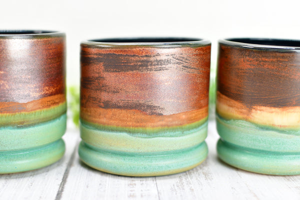 Copper Whiskey Bourbon Tumblers, Handmade Ceramic Pottery Scotch Barware Anniversary or Gift for Groomsman in Black, & Satin Patina Green