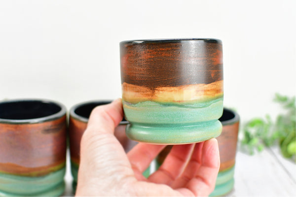 Copper Whiskey Bourbon Tumblers, Handmade Ceramic Pottery Scotch Barware Anniversary or Gift for Groomsman in Black, & Satin Patina Green