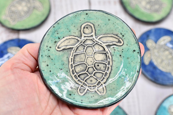 Sea Turtle Ceramic Small Coffee Spoon Rest in Blue, Teal, Green - Handmade Beachy Ocean Life Decor Stoneware Pottery