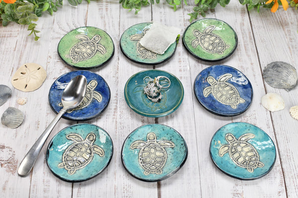 Sea Turtle Ceramic Small Coffee Spoon Rest in Blue, Teal, Green - Handmade Beachy Ocean Life Decor Stoneware Pottery