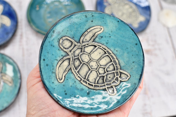 Sea Turtle Ceramic Small Coffee Spoon Rest in Blue, Teal, Green - Handmade Beachy Ocean Life Decor Stoneware Pottery