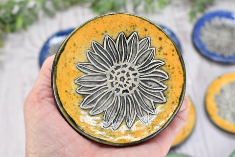 Sunflower Ceramic Small Coffee Spoon Rest, Handmade Jewelry Trinket Dish, Hand Painted Stoneware Pottery Gift in Blue, Green, and Yellow