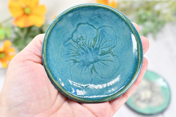 Hibiscus Flower Ceramic Coffee Spoon Rest, Small Handmade Jewelry Trinket Dish, Hand Painted Stoneware Pottery Gift in Teal Blue & Green