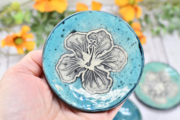 Hibiscus Flower Ceramic Coffee Spoon Rest, Small Handmade Jewelry Trinket Dish, Hand Painted Stoneware Pottery Gift in Teal Blue & Green